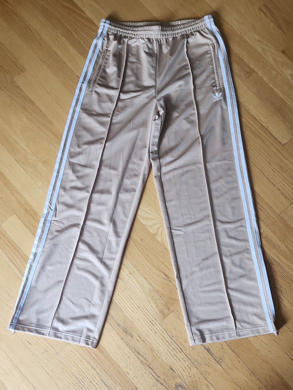 Adidas Tan Track Pants with 3 White Side Stripes